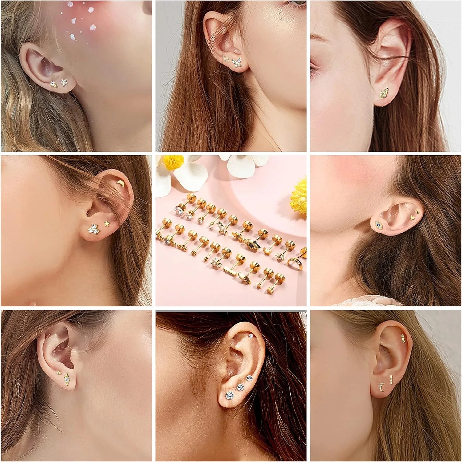 Bobisty 20PCS 20G Small Hypoallergenic Flat Back Stud Earrings Surgical Steel Cartilage Earrings Tiny Ball Heart Star Studs Set