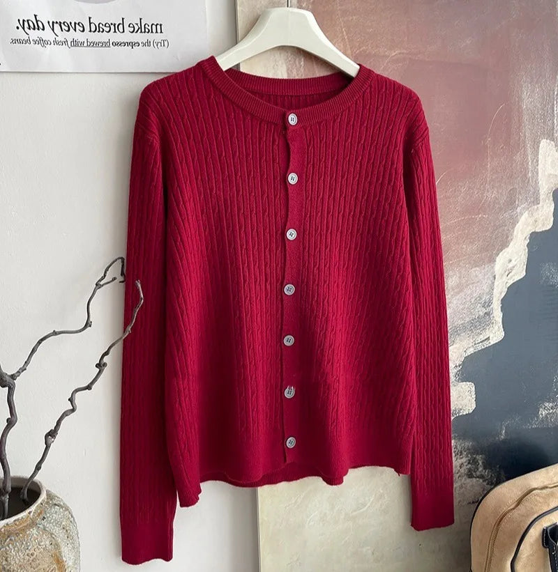 2025 Pure Color Long Sleeve Single Breasted Knitted Sweater Autumn Winter Women's Crew Neck Cardigan New Casual Versatile Tops