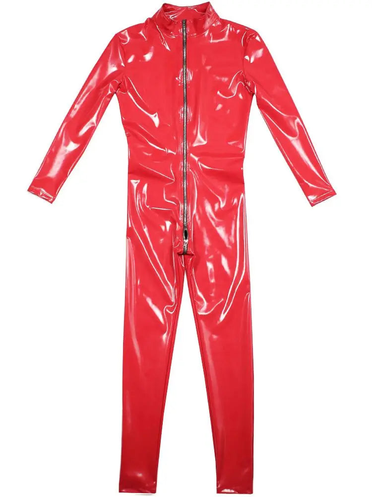 Wet Look PVC Catsuit Shiny PU Leather Cosplay Leotard Jumpsuit Two Way Zipper Open Crotch Bodysuit Tight Sexy Clubwear Conjoined
