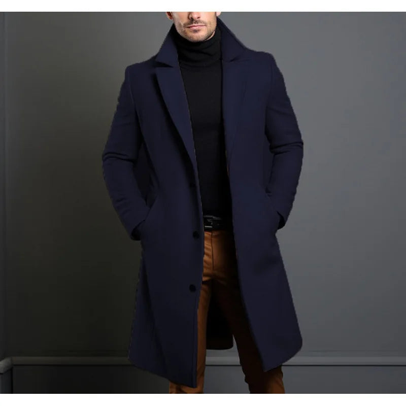 Woolen Coat Men's Long Solid Color Autumn Winter Woolen Coat Warm Youth Coat Trench Cardigan