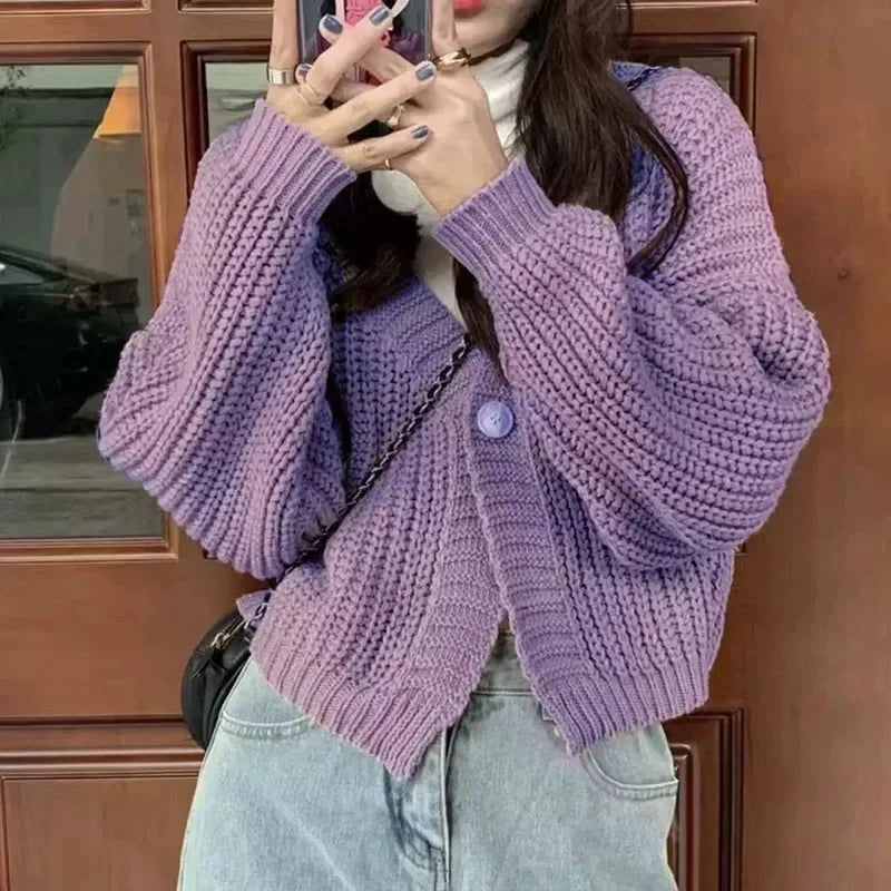 Women's Short Sweater Cardigan Sweet Cute College Style Single Button Knitted Cardigans Autumn Winter Thicken V-Neck Knitweat