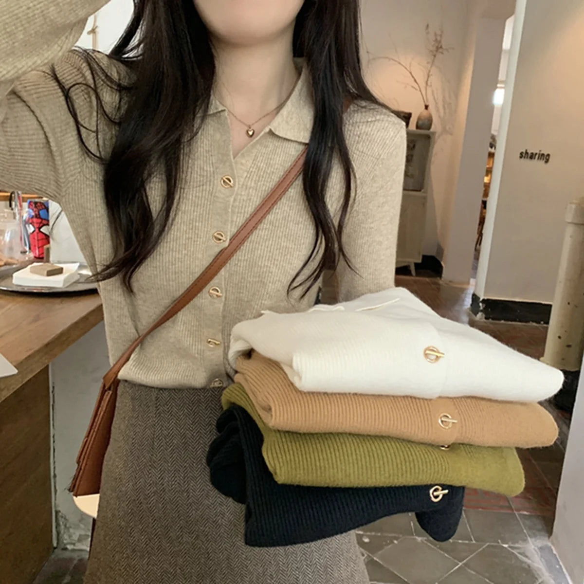 Women Fashion Button Knitted Cardigan Autumn Winter Polo Neck Long Sleeve Solid Knitwear Korean Vintage Casual Street Tops Chic
