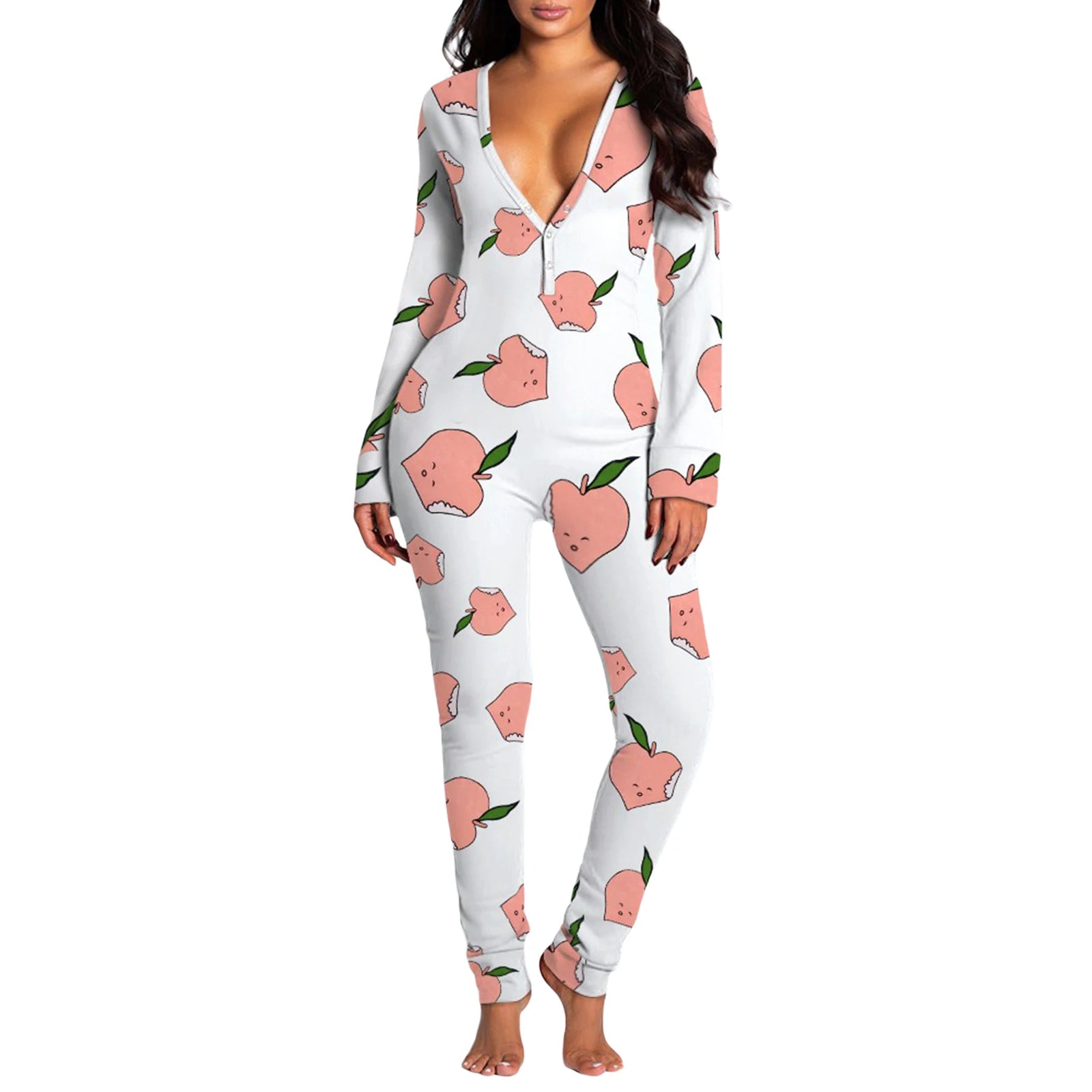 Women Jumpsuits Pajama Long Sleeve V Neck Bodycon Hip Detachable Crotch Romper Bodycon Playsuits Casual Loungewear
