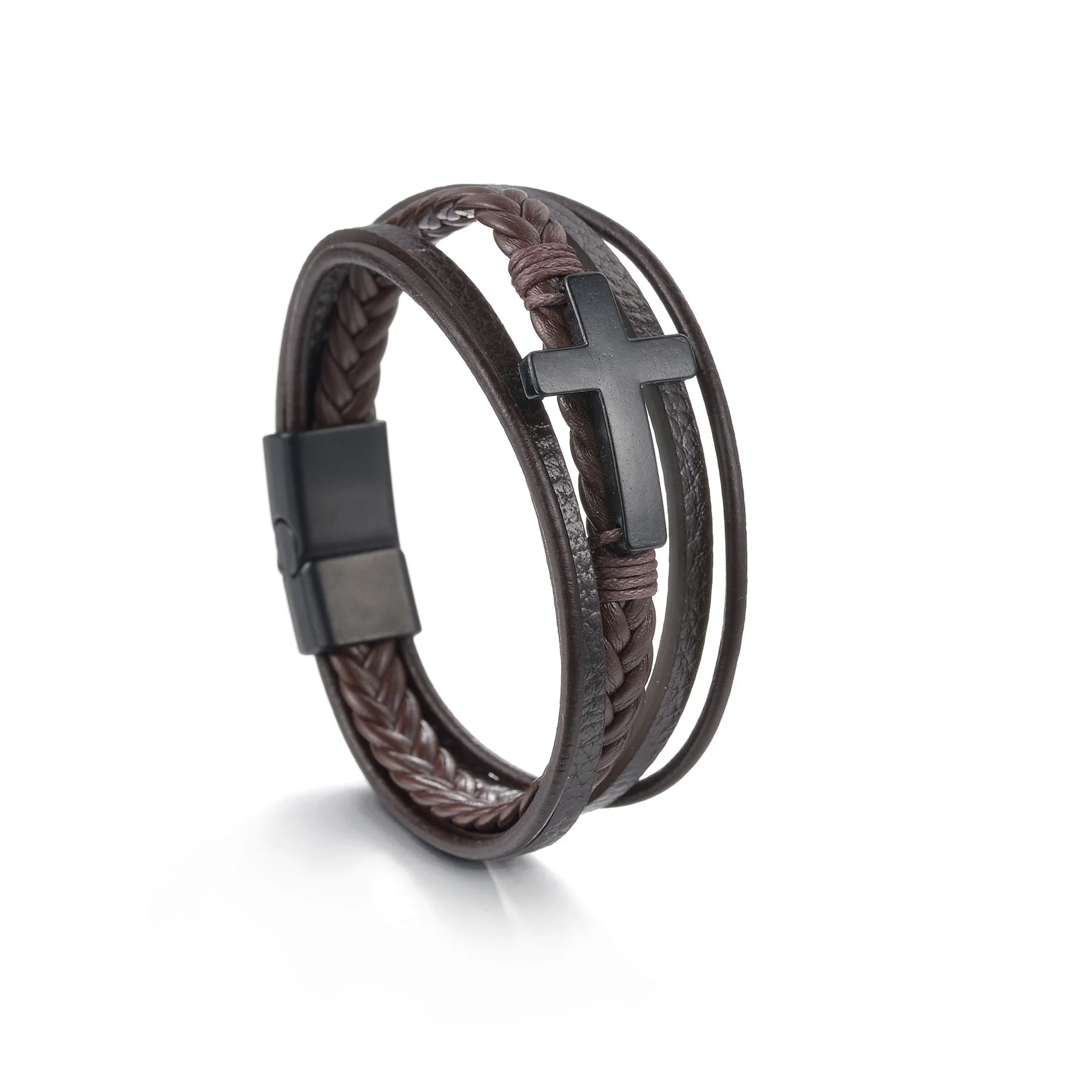 Men's Cross Leather Bracelet Prayer Multi Layer Braided Stainless Steel Fashion Classic Wristband Birthday Gift For Men Women