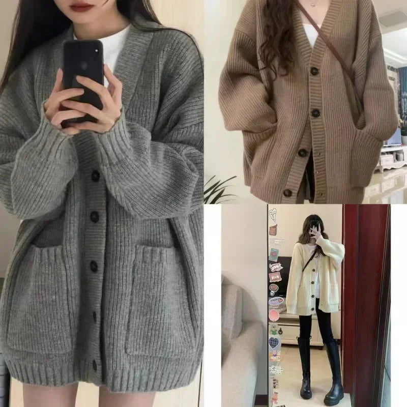 Korean College Style Single Breasted Cardigans Loose and Lazy V-neck Big Pocket Knitted Cardigan Women's Popular Coat Sweater