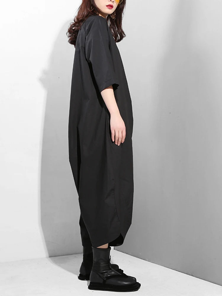 [EAM] Loose Fit Women Black Wide Leg Long Jumpsuit New High Waist Pocket Stitch Pants Fashion Tide Spring Autumn 2025 YA11601