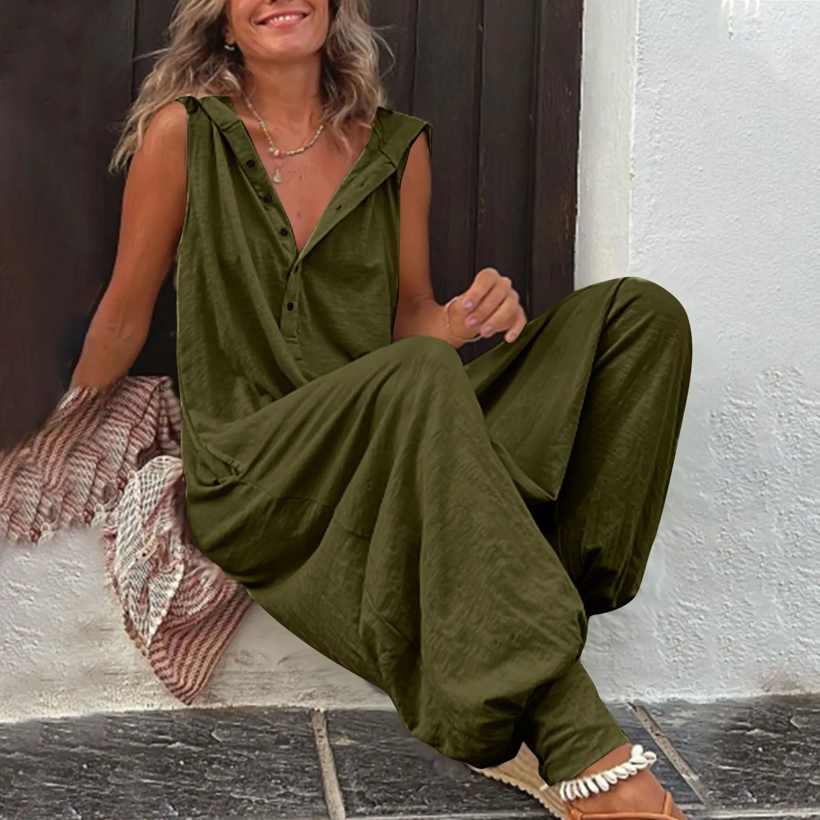 Fashionable Sleeveless Hooded Collar Jumpsuit Women Spring Summer Button Pocket Loose Casual Baggy Pants Jumpsuits Female