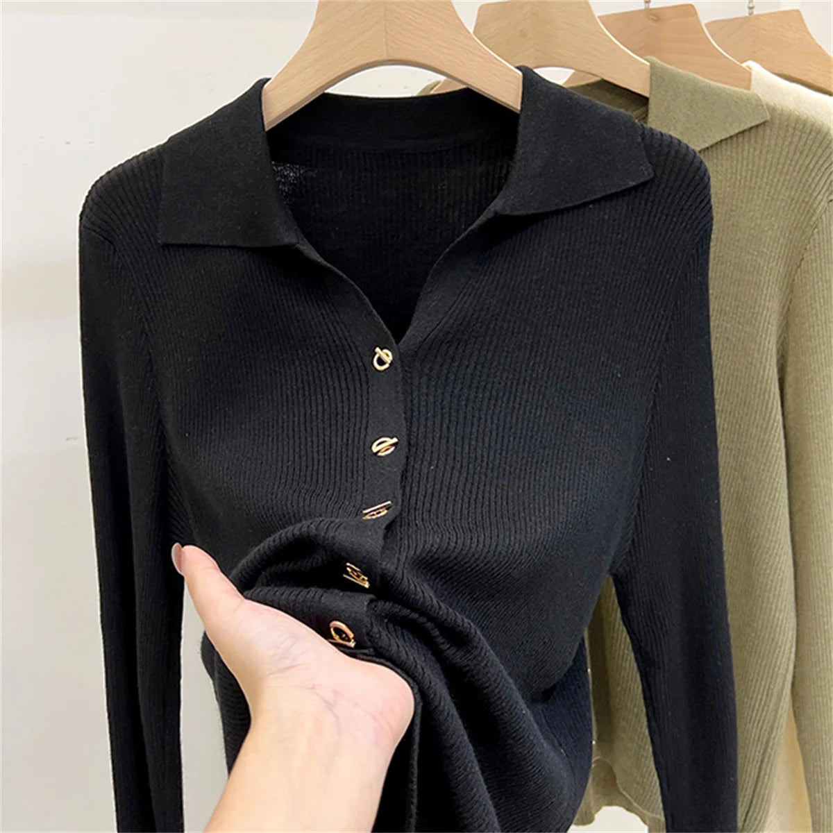 Women Fashion Button Knitted Cardigan Autumn Winter Polo Neck Long Sleeve Solid Knitwear Korean Vintage Casual Street Tops Chic