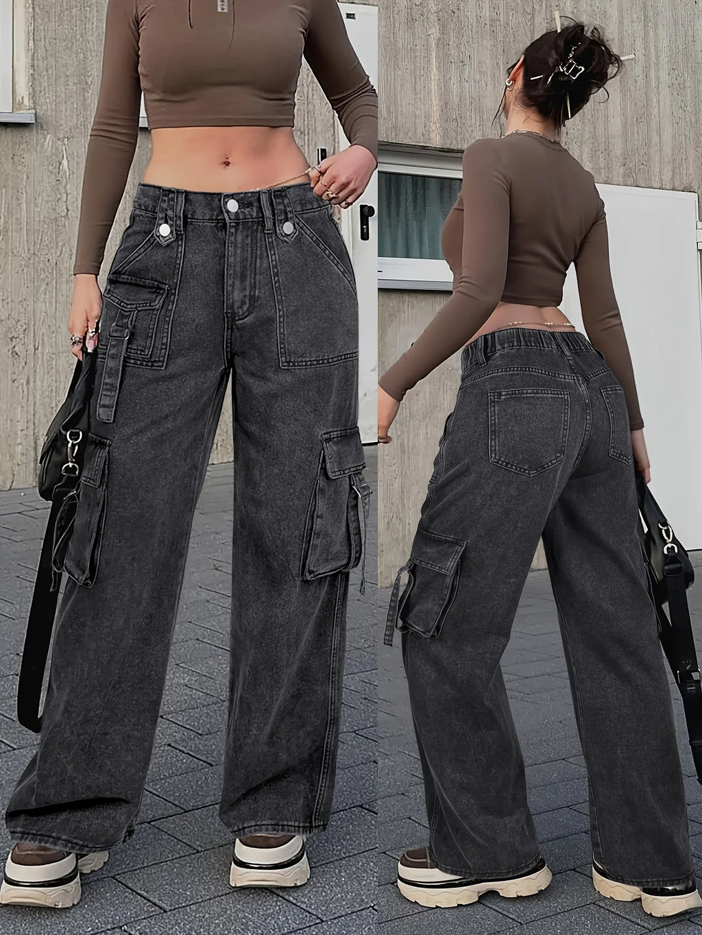 Women's Trendy Cargo Jeans Casual Street Style Zip Multi-Pocket Design With Flap Pockets Tape Elastic Waist Denim Pants