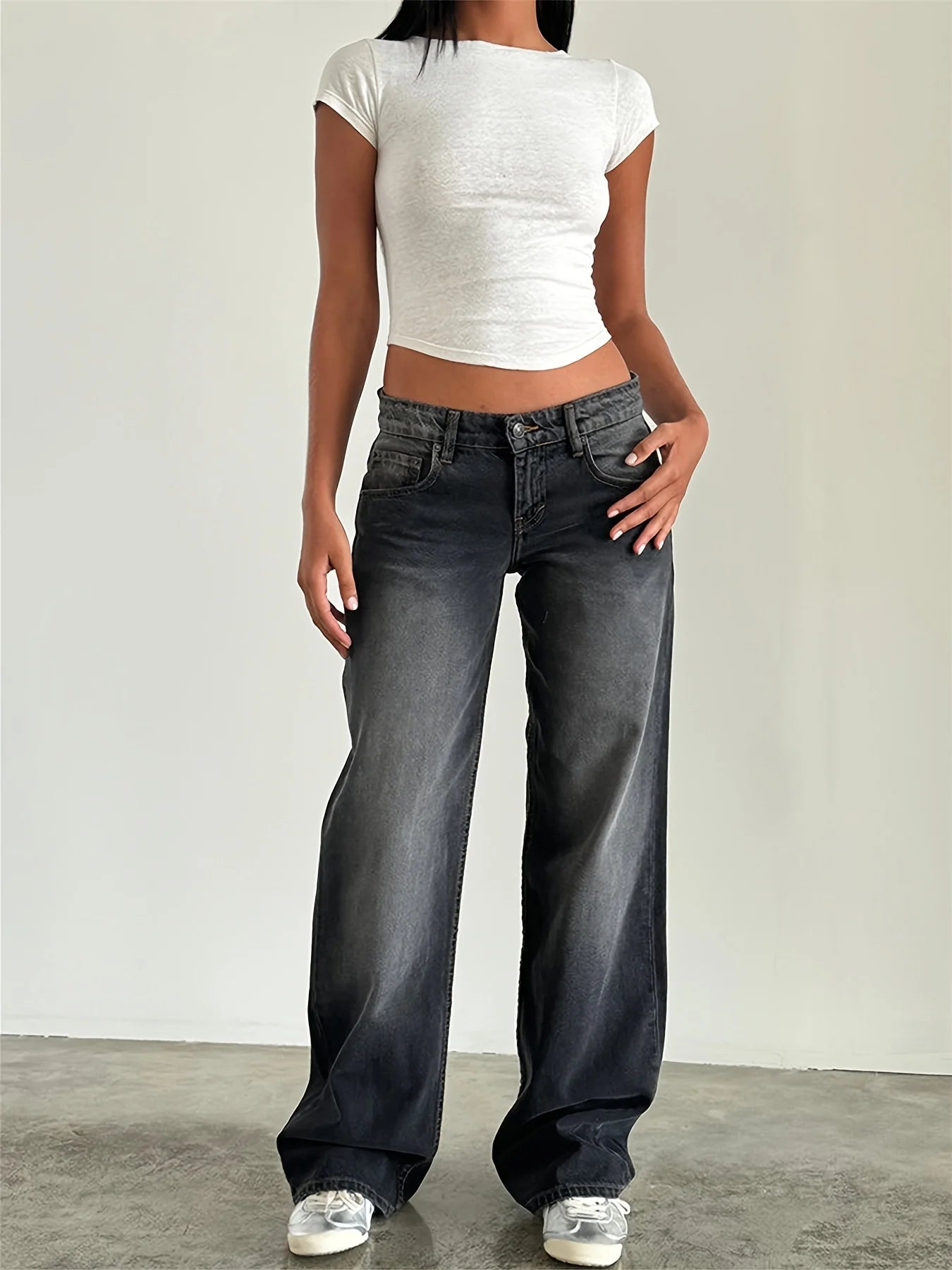 New women's solid-color washed straight-leg jeans, low-waisted, simple, versatile, fashionable, comfortable and loose for goin