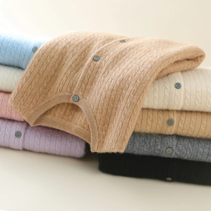 2025 Autumn Winter Women Sweater Solid O Neck Cardigan New Casual Versatile Tops Long Sleeve Single Breasted Cable Knit Sweater