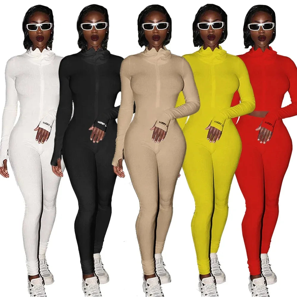 Zipper Jumpsuit Women Embroidery Letter Print Workout Sportswear Female Outfit Skinny Solid Turtleneck Streetwear