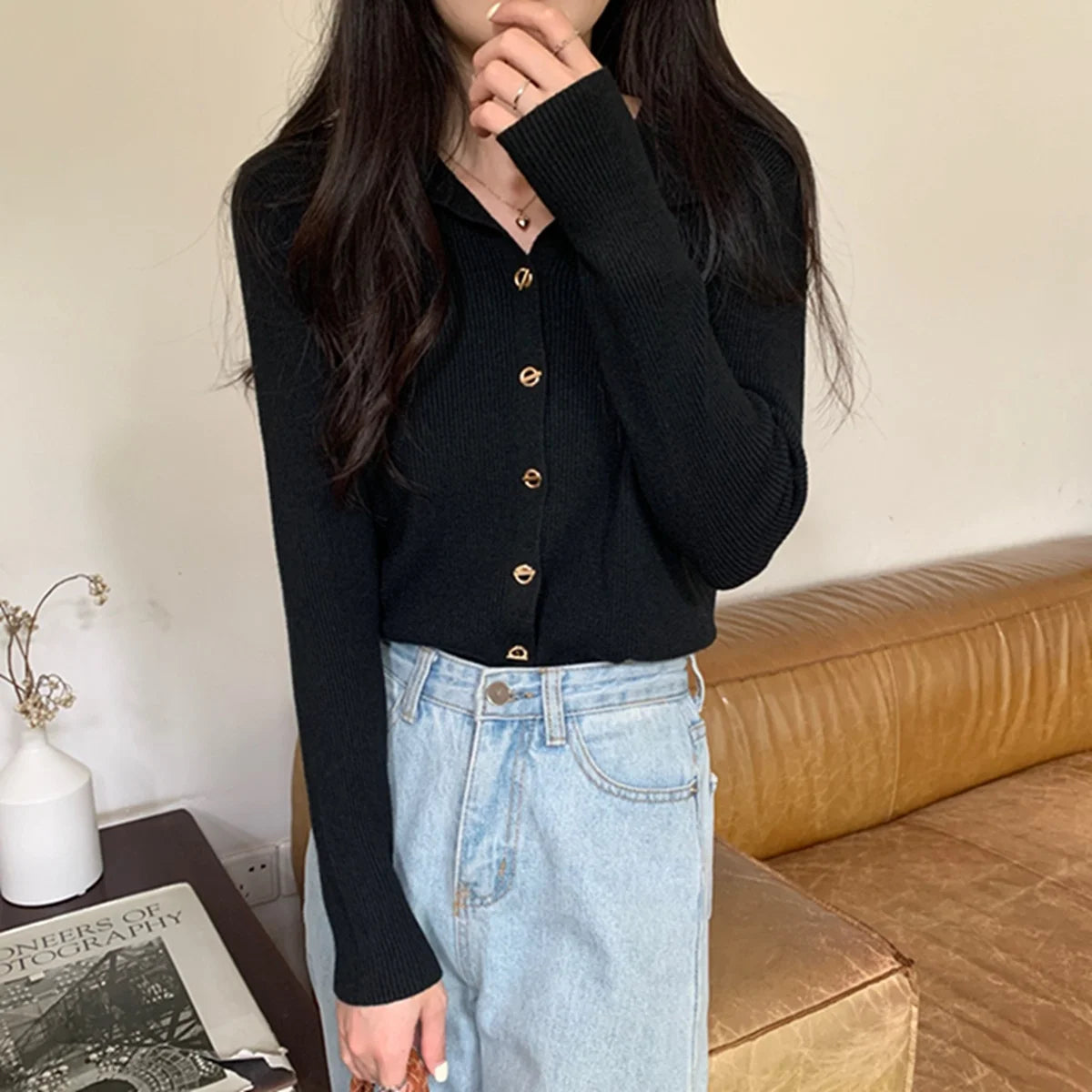 Women Fashion Button Knitted Cardigan Autumn Winter Polo Neck Long Sleeve Solid Knitwear Korean Vintage Casual Street Tops Chic