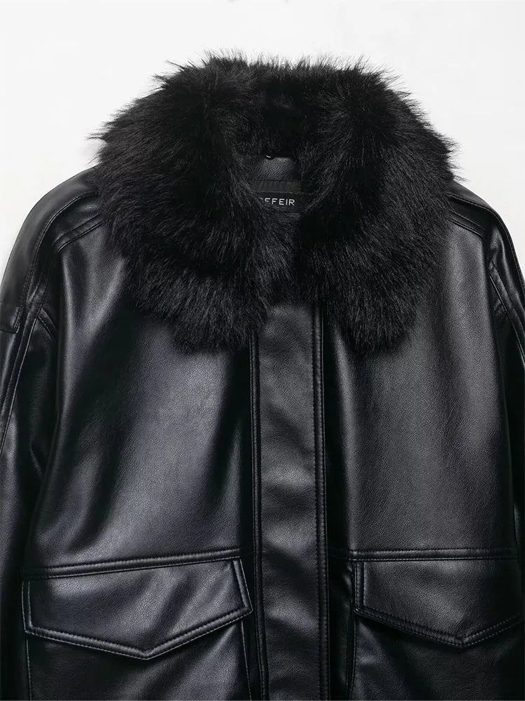 HH Women's Autumn New Fashion Jackets Black Fur-Trimmed Lapel Long Sleeves Pockets Zipper Female High Street Loose Coats
