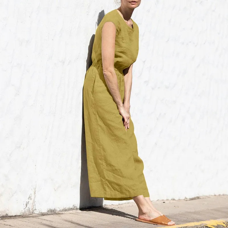 Women Fashion Wide Leg Pant Jumpsuit Summer Casual Solid O- Neck Sleeveless Pocket Playsuit Ladies Loose Boho One-Piece Pants