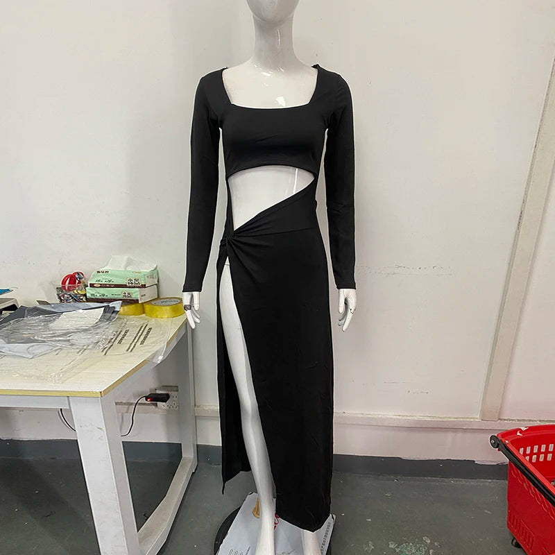 Summer Sexy Street Fashion Hollow Square Neck Long Sleeve Slit Dress Trendy Elegant Women's Gown for Party And Evening