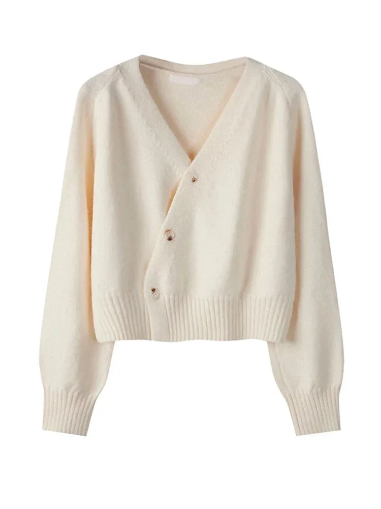 2025 Autumn Winter Skew Button Cardigan V-neck Sweater Women Knitted Long Sleeve Tops Korean Loose Solid Cashmere Woman Sweater