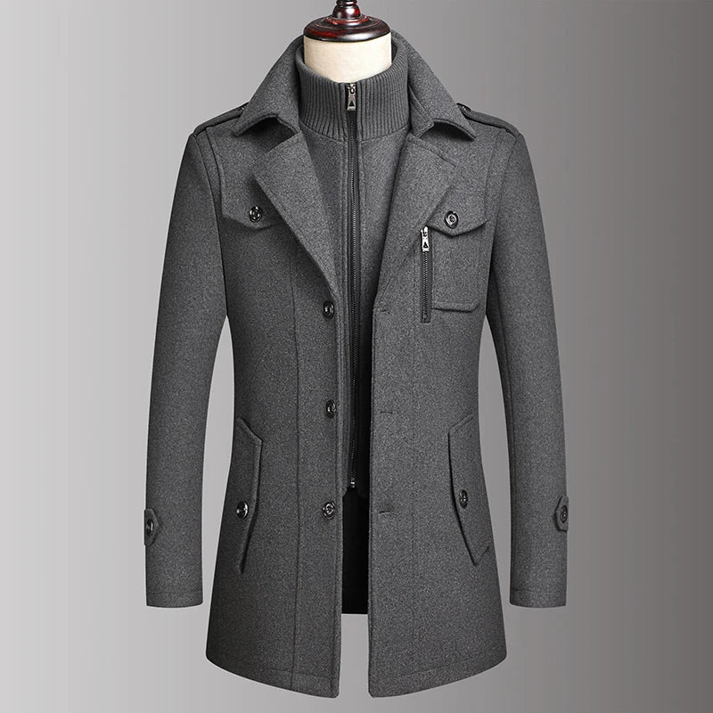 Men's Double Collar Wool Coat  Fashion Handsome Autumn Winter Business Style High Quality Middle-aged Men's Fashion Woolen Coat