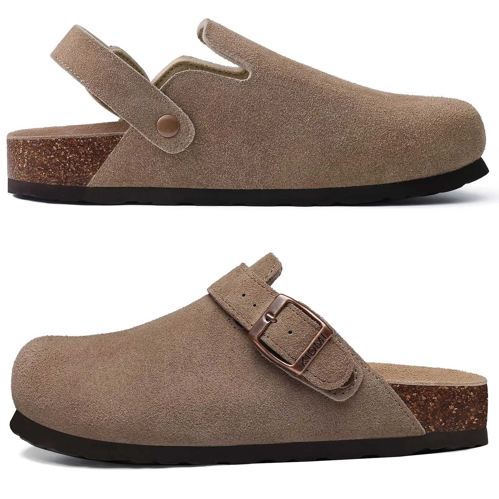 Crestar Women Cow Suede Clogs Cork Footbed Leather Mules Lady Outdoor Comfort Arch Support Potato Shoes With Adjustable Strap