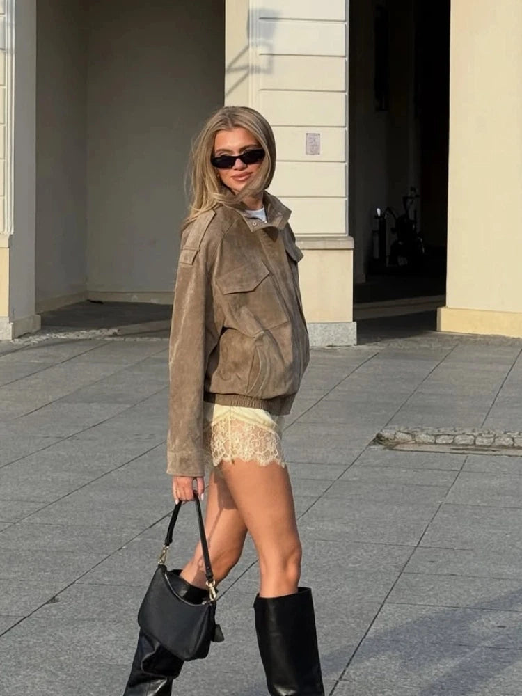 Fashion Short Women Suede Jacket Chic Stand Collar Zipper Pocket Loose Coats Casual Ladies Autumn New Daily Highstreet Outerwear