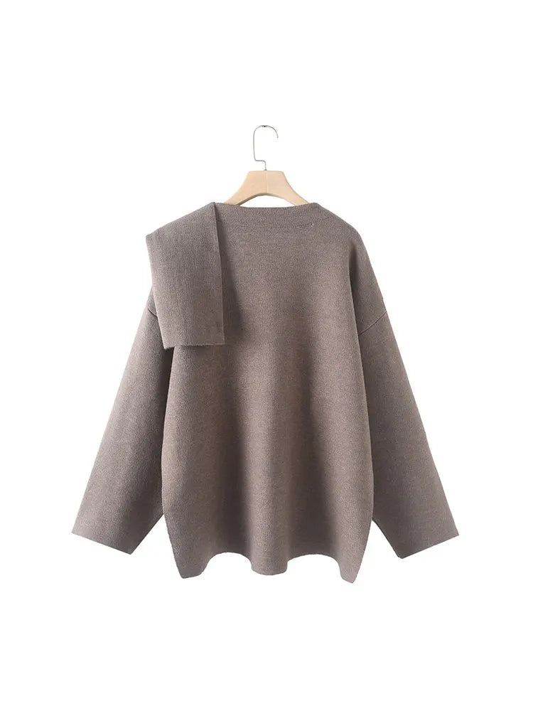 Autumn Women Loose Asymmetric Scarf Knit Jacket Solid Long Sleeve Single Button Side Slit Cardigan Lady Outerwear