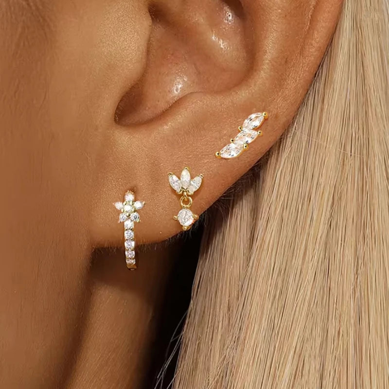 3PCS Flower Huggie Earring Set For Women Tragus Piercing Jewelry Lot Leaf Crystal Cartilage Hoop Earrings Helix Lobe Earing Bulk