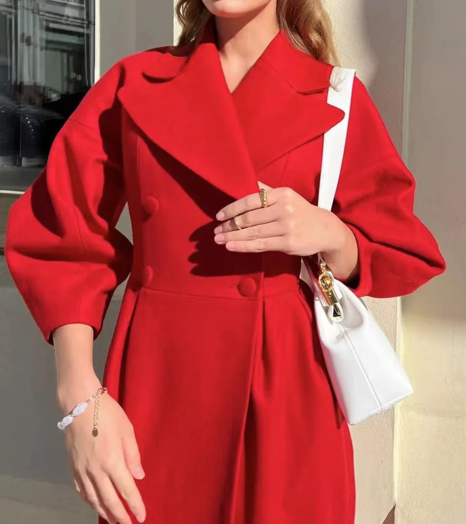Autumn Lantern Sleeves Women Vintage Court Coat Lapel Double Row Button Office Women's Long Jacket Windbreaker Thick Street Coat