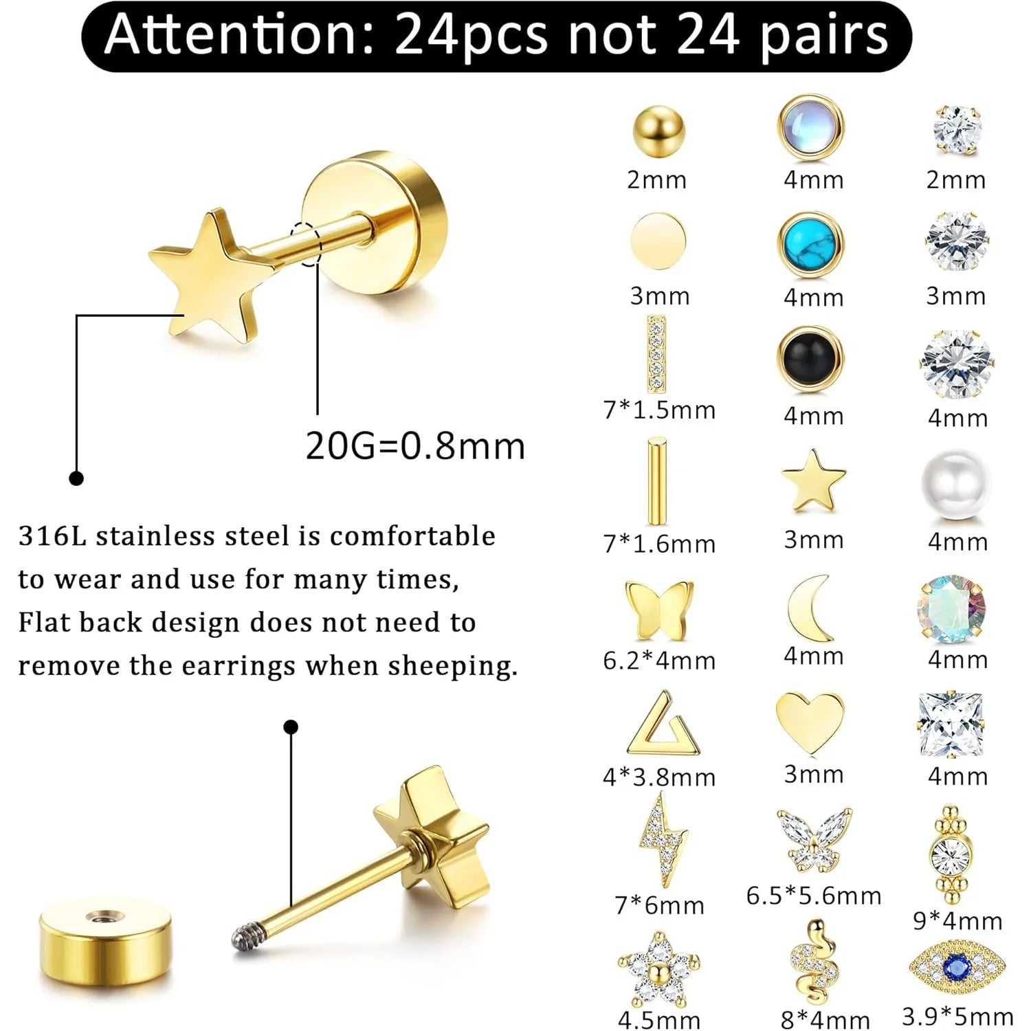 Drperfect 24Pcs Flat Back Earrings for Women Men Stainless Steel Earrings 20G Tiny Ball CZ Earrings Set for Multiple Piercing