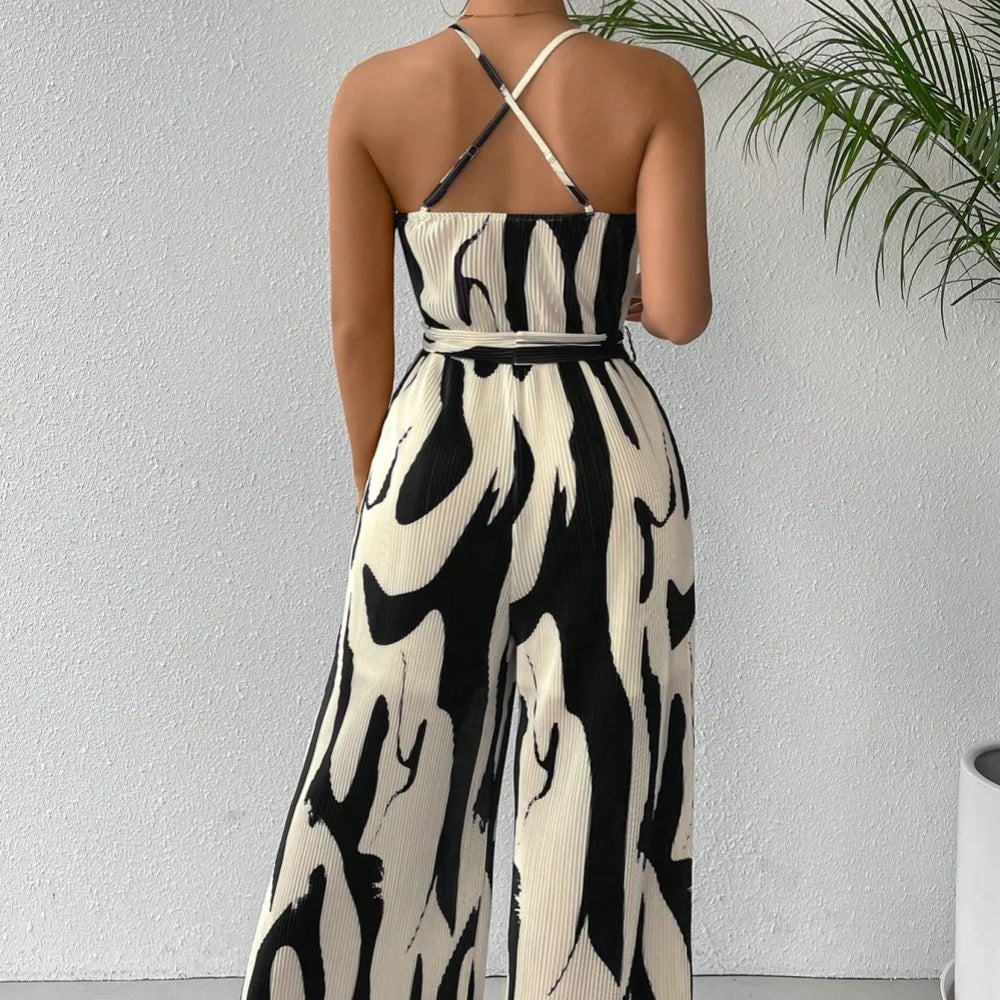 Women's summer new printed wide leg pants casual set jumpsuit
