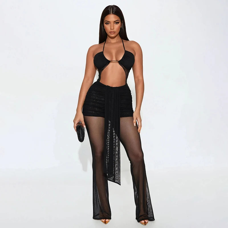 exy Halter Jumpsuit Women See Through Backless Ruched Ribbon Hollow Hipster Skinny Summer Clubwear Midnight Overalls