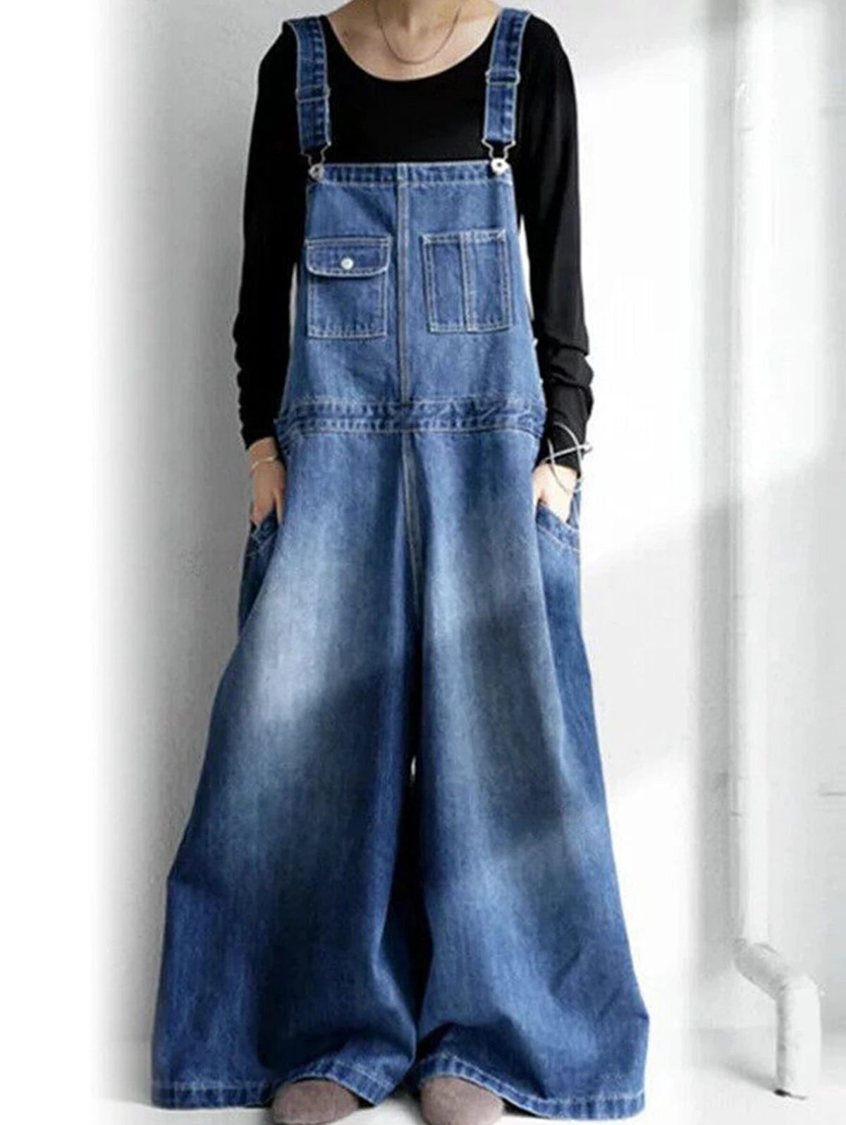 Women Denim Overalls Vintage Streetwear Loose Jumpsuit Korean Straight Wide Leg Pants Casual Jeans Oversized All Match Trousers