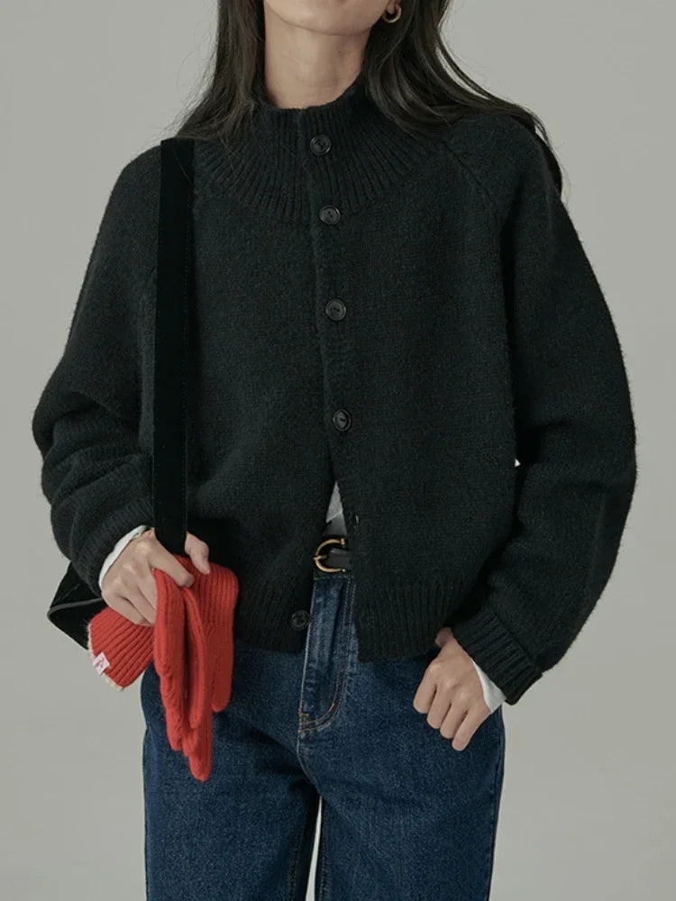 Loose Stand-up Collar Cardigan Women Retro Blue Single Breasted Casual Soft Knitwear Sweater Black Fashion Cardigan for Women