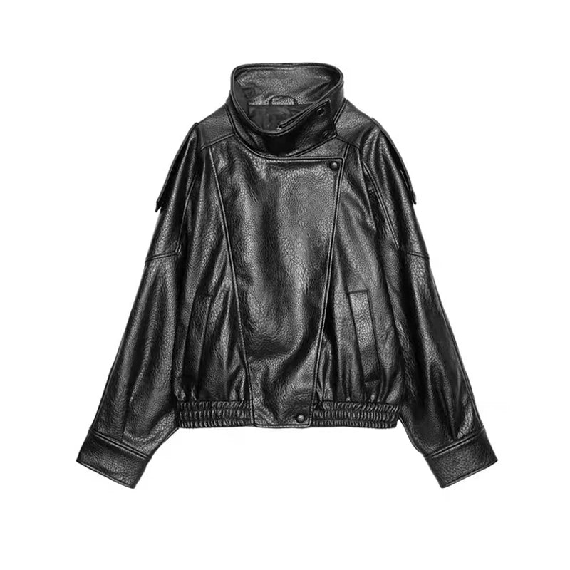 Fashion Solid Leather Jacket Women's Turtleneck Side Zipper Long Sleeve Belted Coat 2025 Autumn New Lady High Street Outerwear