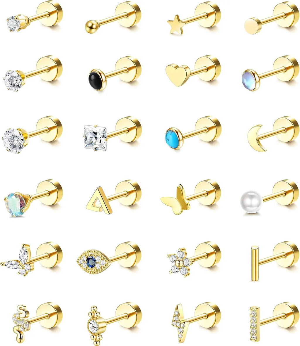 Drperfect 24Pcs Flat Back Earrings for Women Men Stainless Steel Earrings 20G Tiny Ball CZ Earrings Set for Multiple Piercing