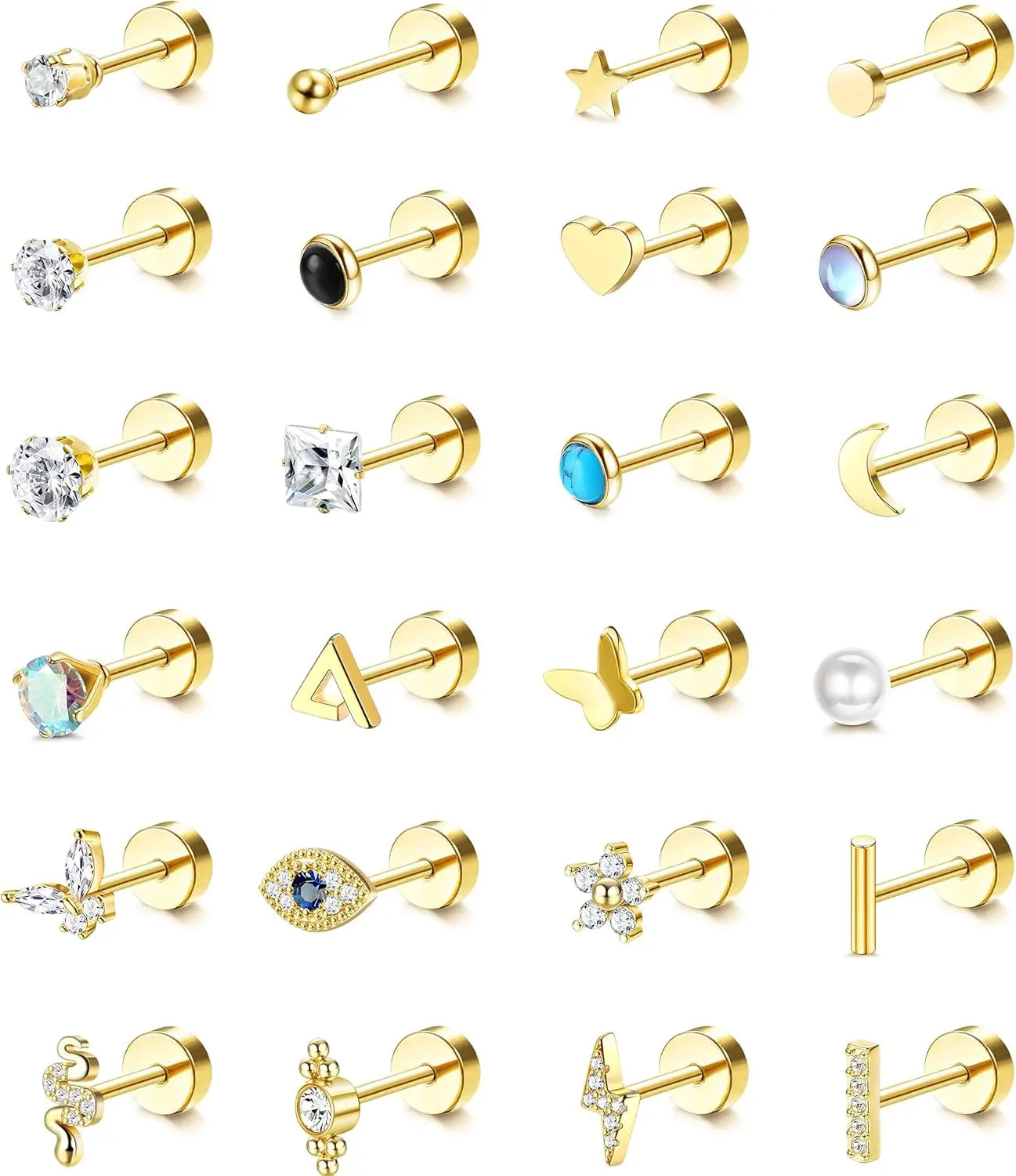 Drperfect 24Pcs Flat Back Earrings for Women Men Stainless Steel Earrings 20G Tiny Ball CZ Earrings Set for Multiple Piercing