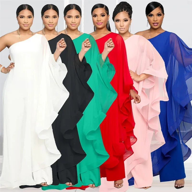 Elegant Chiffon One Shoulder Wide Leg Jumpsuit Women Club Party Birthday Outfits One Pieces Rompers Overalls Combinaison Femme