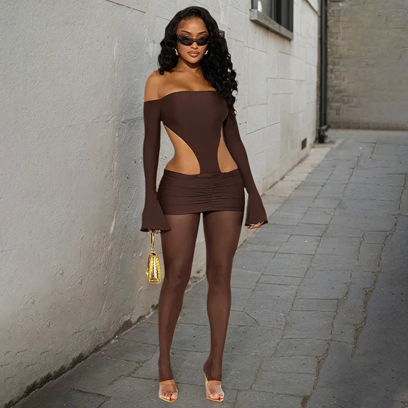 Women Sexy See Through Mesh Patchwork Skinny Jumpsuits Slash Neck Off Shoulder Flare Long Sleeve Backless Ruched Club Overalls