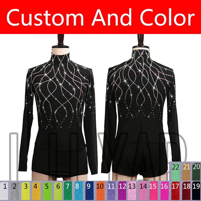 New Man Latin Dance  Performance Competition Performs Adult Black High Neck Long Sleeved Sparkling Diamond Jumpsuit Custom Color