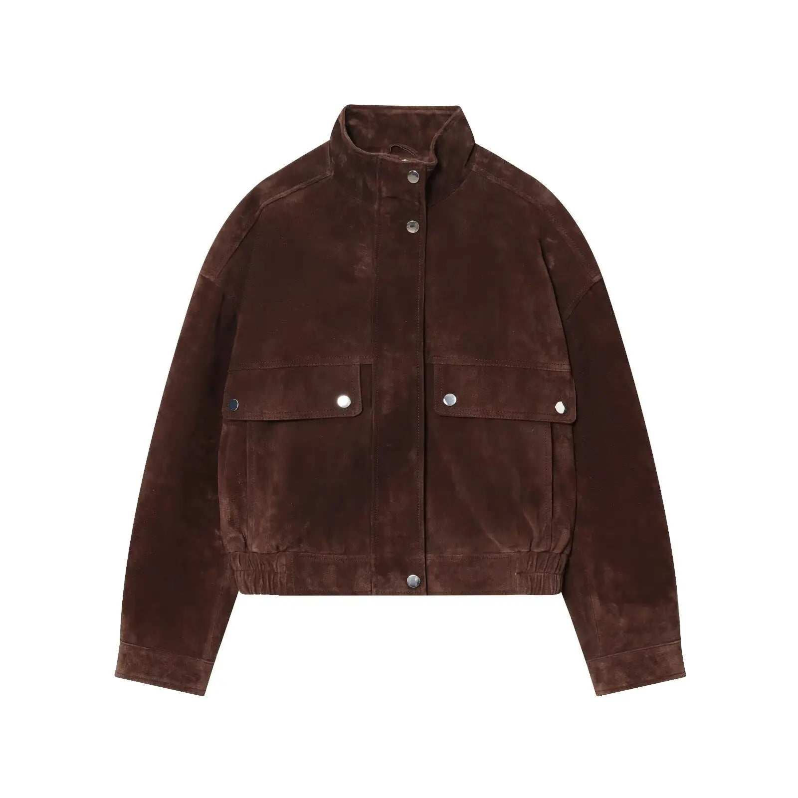 Tidalyf 2025 Women Faux Suede Jacket - Stand Collar, Long Sleeve, Decorative Pockets, Elastic Hem Casual Chic Autumn Winter Coat