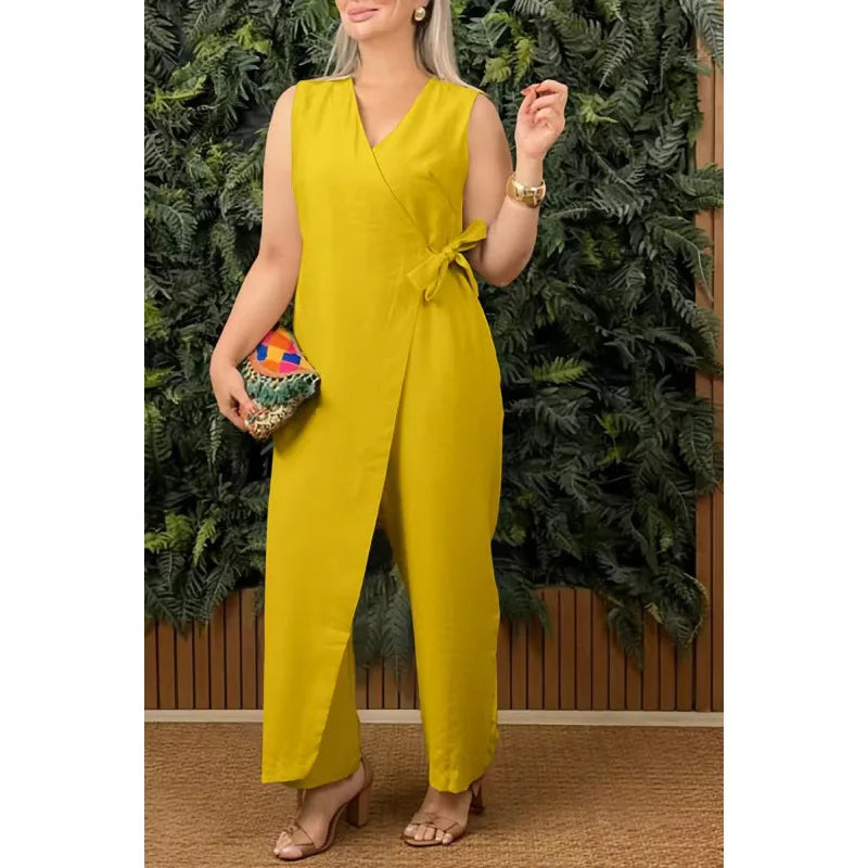 Women's Casual V-neck Cross Strap Jumpsuit Streetwear Loose Romper Elegant Lace Up Sleeveless Hollow Out Solid Office Jumpsuits
