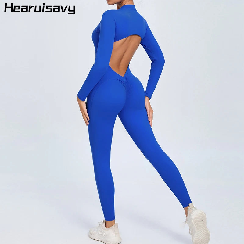 Hearuisavy V Back Sports Jumpsuit Yoga Clothes Rompers Women Long Sleeveles Workout Bodysuits Backless One-piece Suit Female