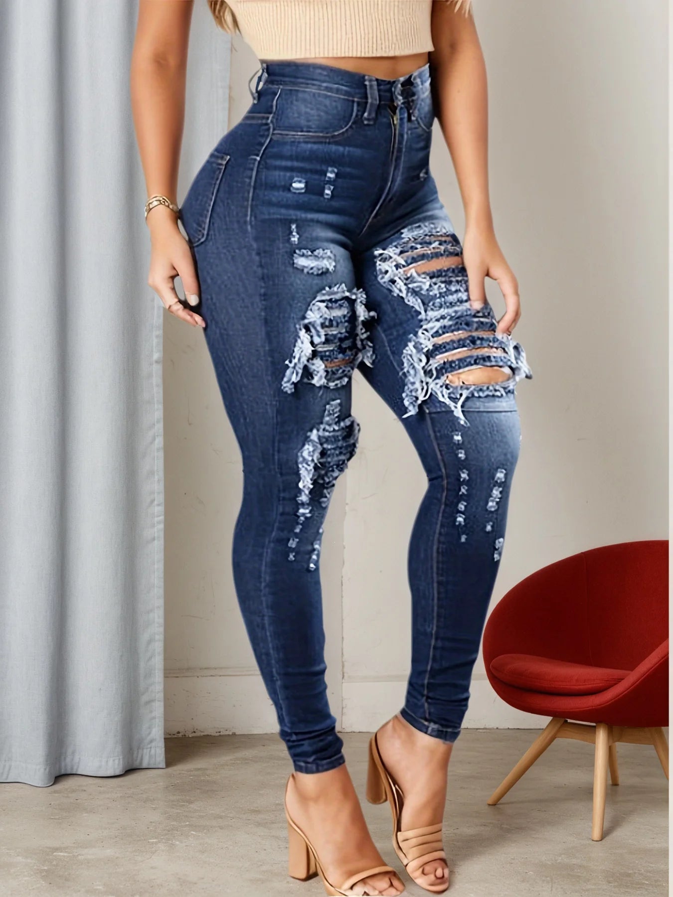 2024 new women's high stretch tight jeans, fashionable jeans with torn holes and rough edges, worn by women