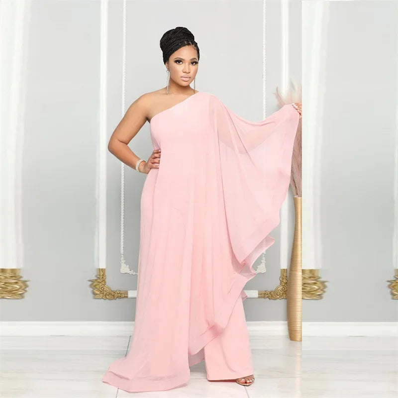 Elegant Chiffon One Shoulder Wide Leg Jumpsuit Women Club Party Birthday Outfits One Pieces Rompers Overalls Combinaison Femme