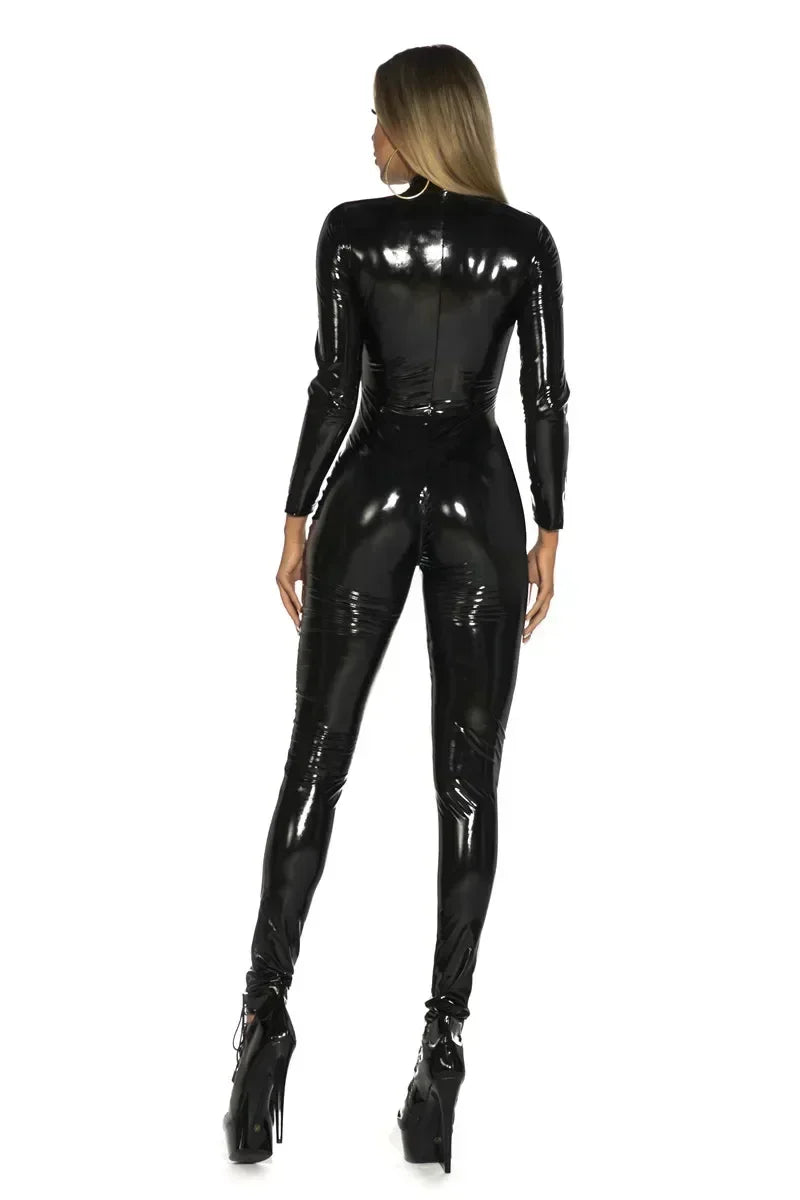 Women's Wet Look PU Leather Jumpsuit Suit Long Sleeve Zipper Open Crotch Shiny Latex Bodysuit Clubwear Plus Size