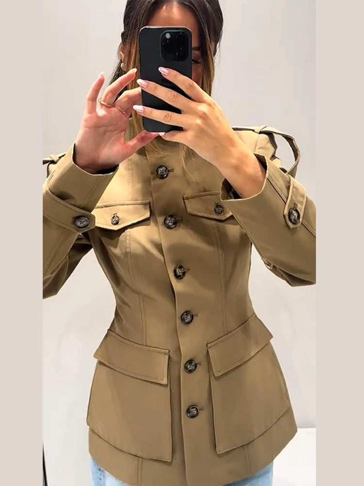 Stand Collar Khaki Cropped Trench Coat Jacket With Pockets Women's Spring Fall Button Front Slim Fit High Street Lady Outerwear