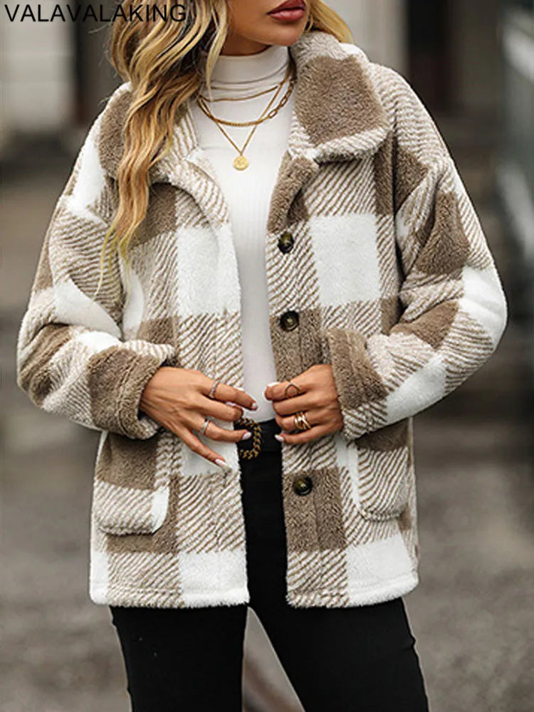 2025 Autumn Winter Long Sleeve Thick Jacket For Women Plush Warm Button Casual Coat Lady Elegant Loose Plaid Coat Female Clothes