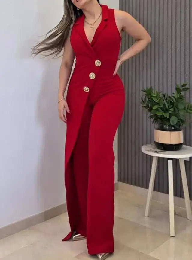 2025 Elegant Sexy Button Decor Notched Collar Overlap V-Neck Sleeveless Wrap Front Overalls Casual Zipper Back Long Jumpsuit