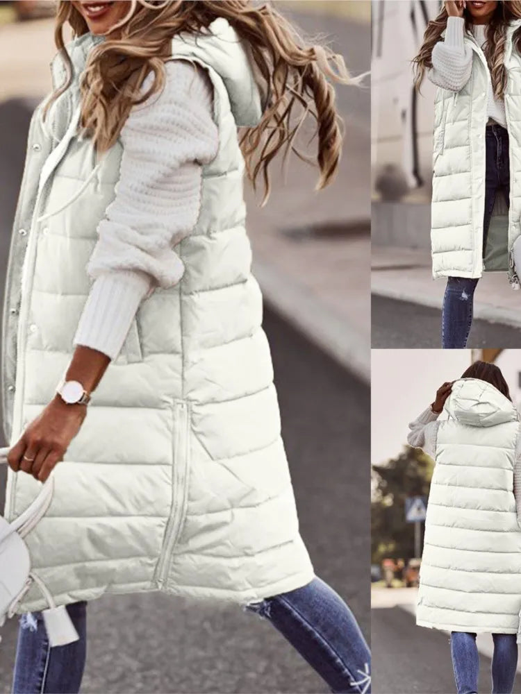 Casual Vest Hooded Single Breasted Mid-length Cotton Padded Jacket Winter Fashion Button Zipper Fitted Cardigan Female Vest Coat