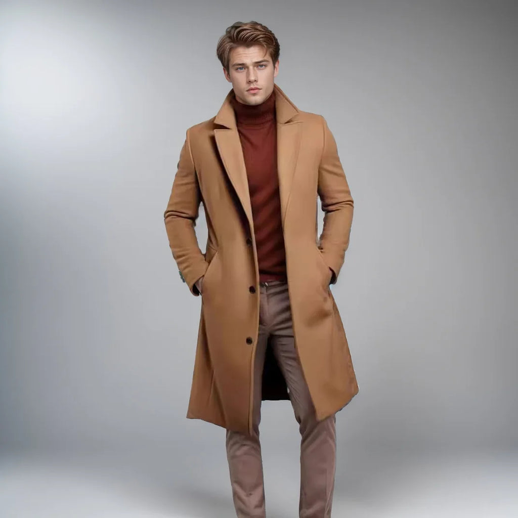 Winter Woolen Coat Men Jacket Elegant Medium and Long Woolen Jacket with Lapel Pockets Slim Solid Color Suit Collar Trench Coat