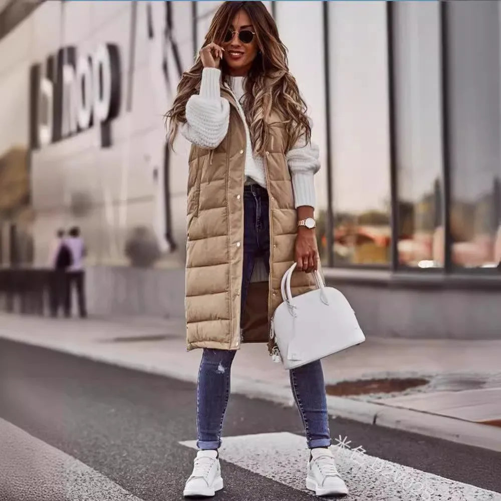 Casual Vest Hooded Single Breasted Mid-length Cotton Padded Jacket Winter Fashion Button Zipper Fitted Cardigan Female Vest Coat